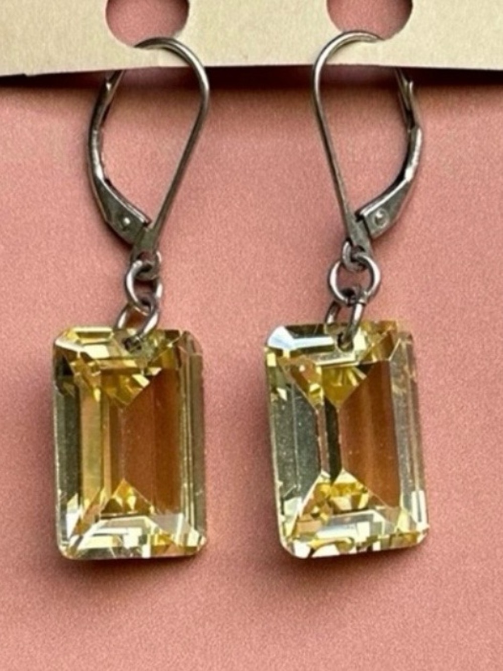 925 Sterling Silver Lever Back Drop Dangle Yellow Citrine Emerald Cut Earrings